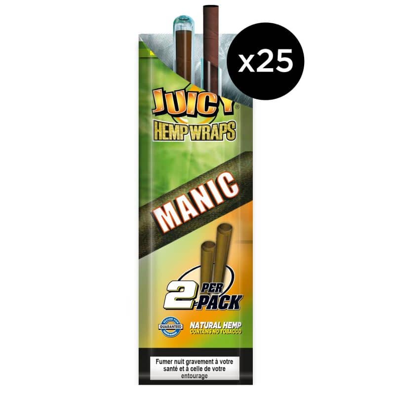 Boîte de Blunt Chanvre Parfum Mangue avec 25 sachets hermétiques contenant 2 feuilles de chanvre naturel, sans tabac ni nicotine.