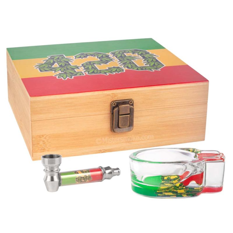 boite fumeur en bois avec accessoires 420 rasta