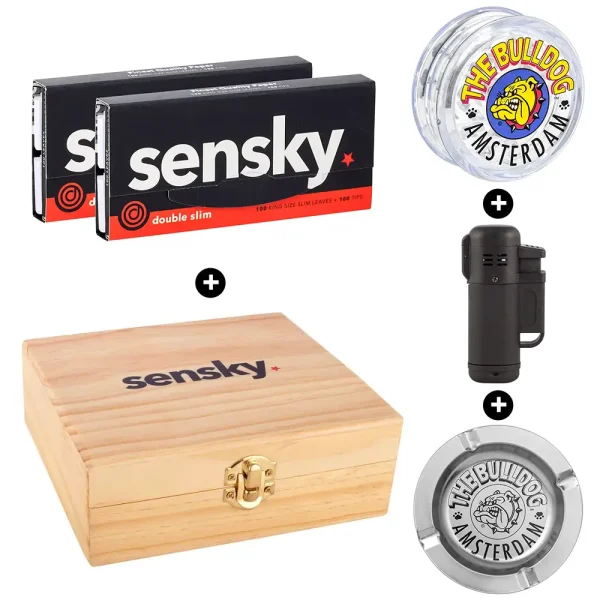 pack indispensable et complet pour les fumeurs de joint - Contient une boite de rangement fumeur, un grinder, un briquet, un cendrier et deux carnets de feuilles slim avec toncar.