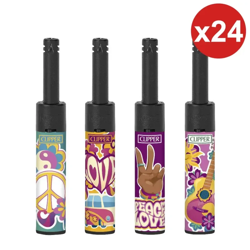 briquet allume gaz Clipper "Mini Tube" design Hippie Love - Boite de 24 briquets allume gaz rechargeables.