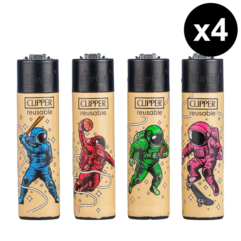 Clipper Mini Astro Sports x4 - Lot de 4 briquets à pierre, rechargeables en gaz