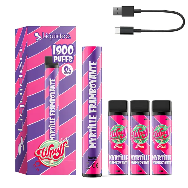 myrtille framboyante wpuff 2.0 liquideo - kit complet batterie et cartouches avec câble usb