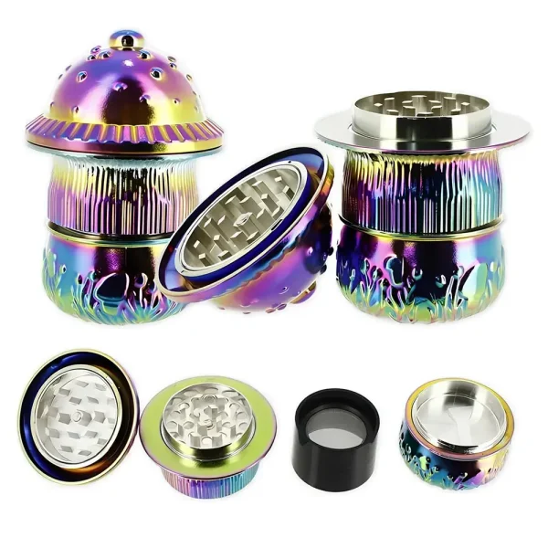 grinder original et stylé en forme de champignon - 3 parties - avec filtre tamis pour pollen - dents en losanges.