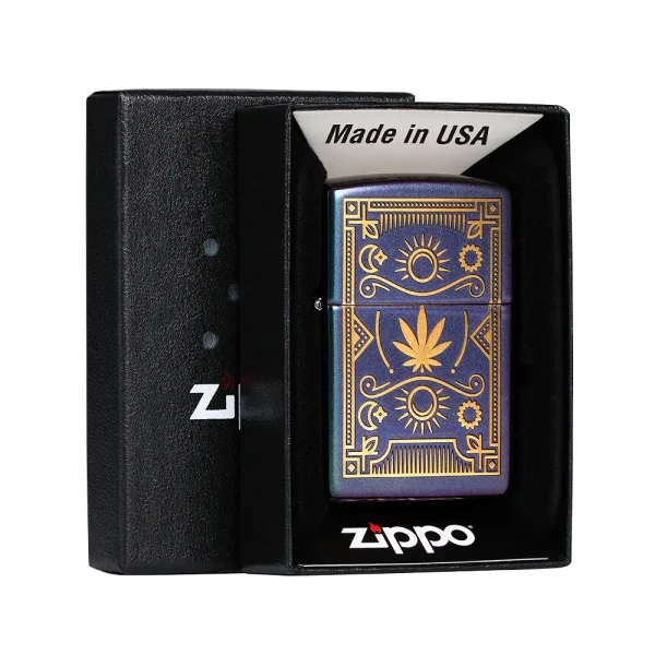 zippo original cannabis petrol iridescent avec symboles