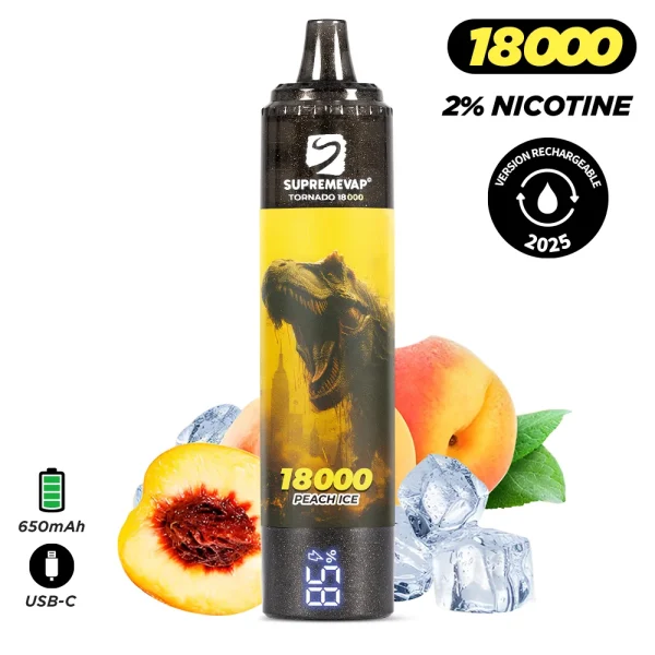 Puff Supremevap Tornado 18000 bouffées 2% nicotine saveur pêche glacée rechargeable - cigarette électronique jetable avec arôme fruité et frais.