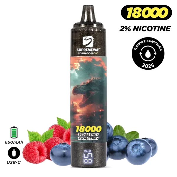 Puff Supremevap Tornado 18000 bouffées 2% nicotine saveur myrtille framboise rechargeable - cigarette électronique jetable avec arômes fruités