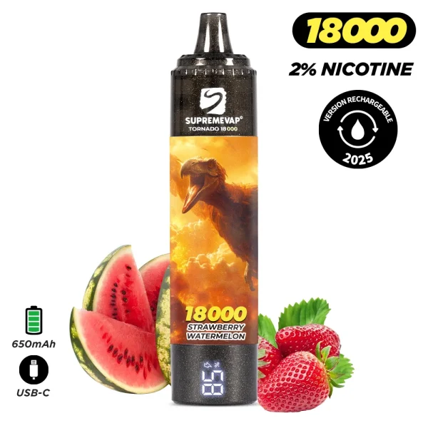 Puff Supremevap Tornado 18000 bouffées 2% nicotine saveur fraise pastèque rechargeable - cigarette électronique jetable avec arômes fruités