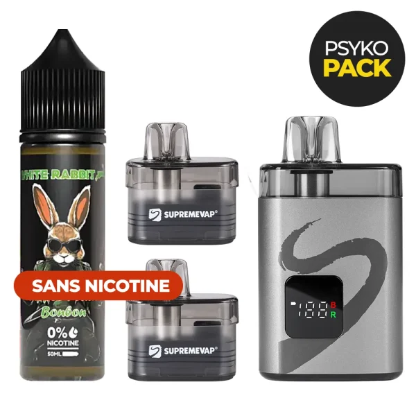 Pack Kit complet de cigarette électronique sans nicotine - Kit Pod SupremeVap avec 2 cartouches de rechange et un flacon de 50 ml de eliquide white rabbit sans nicotine.