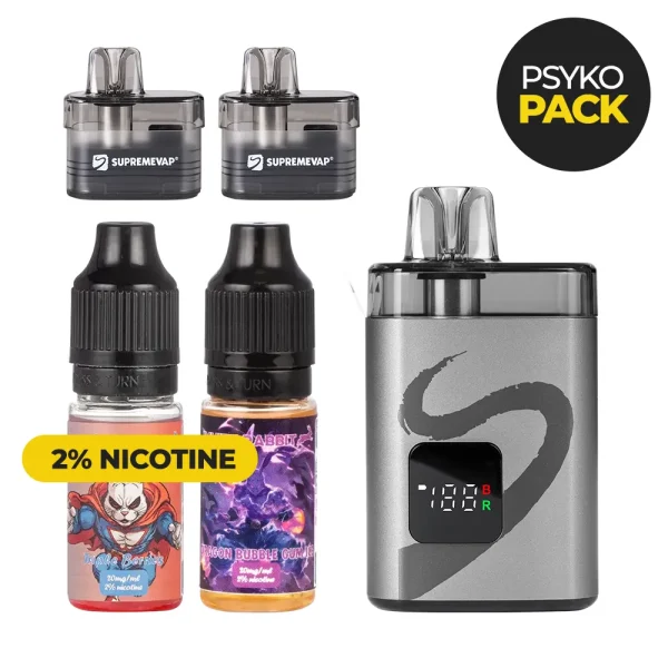 Pack Kit Pod SupremeVap 2% de nicotine – Rechargeable avec e-liquide inclus